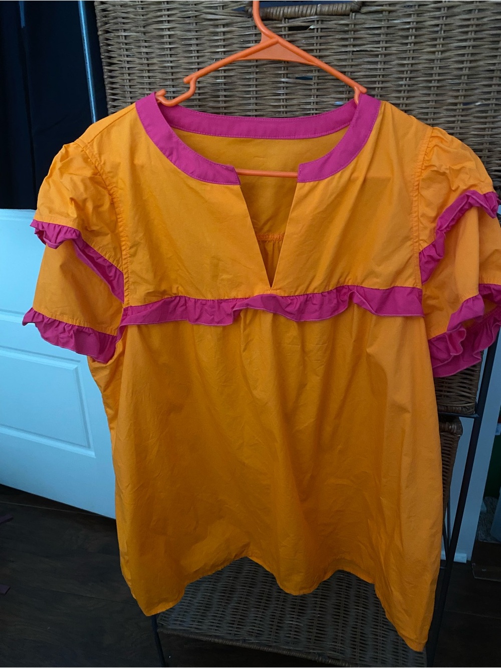 Amazon Short Sleeve Ruffle Blouse - Orange with Pink Trim
